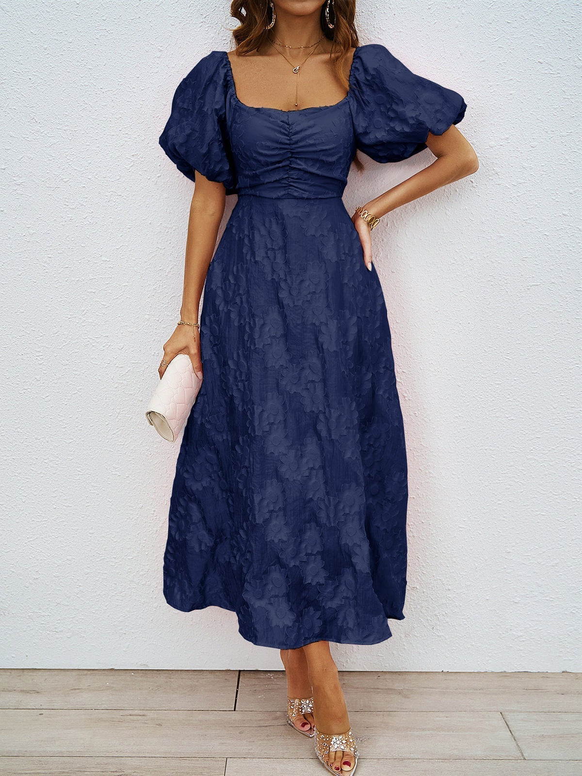Navy off-shoulder midi dress with puff sleeves and fitted bodice