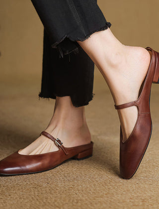 Brown leather mules with buckle slingback strap and low stacked heel