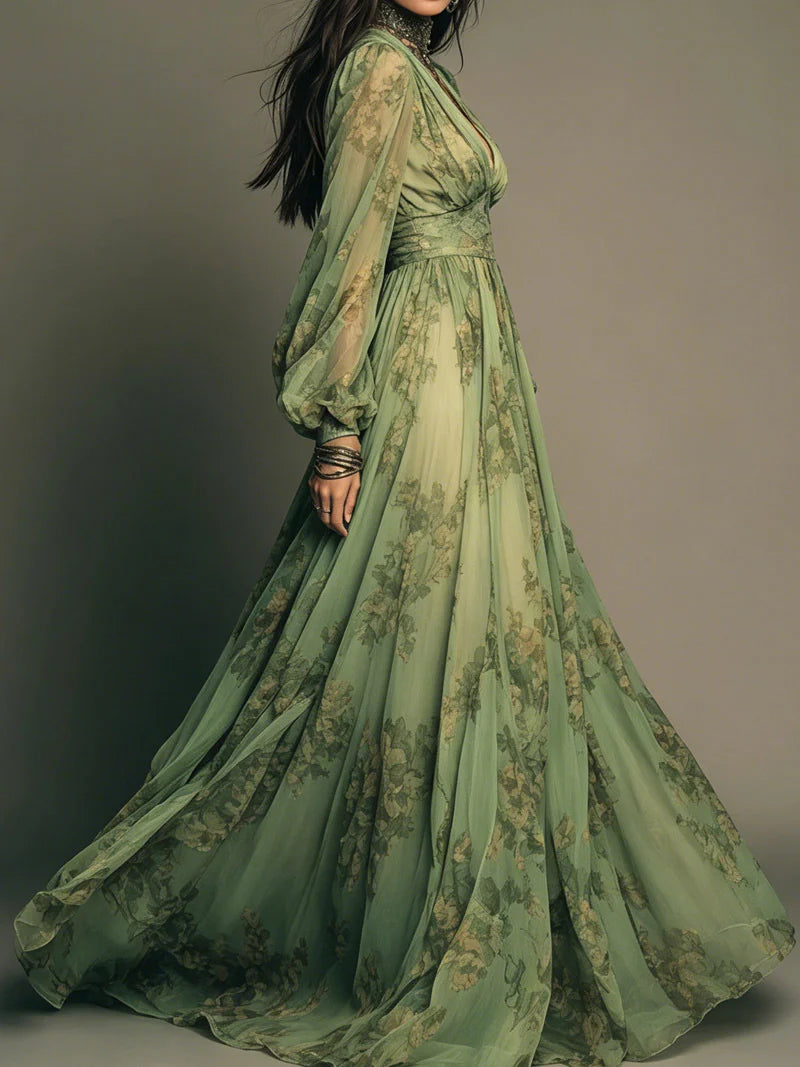 Green floral maxi dress, long puff sleeves, fitted bodice and full flowing skirt