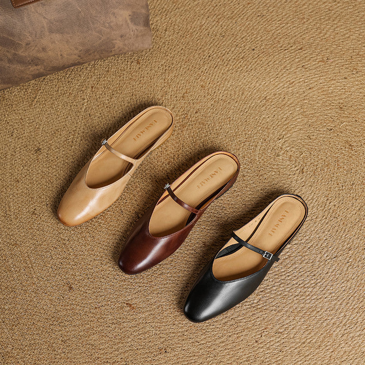 Genuine leather mules in apricot, brown, and black with T-strap