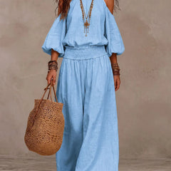 Liliana™ jumpsuit in light blue, cold-shoulder with puff sleeves and wide-leg pants