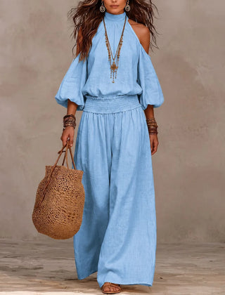 Liliana™ jumpsuit in light blue, cold-shoulder with puff sleeves and wide-leg pants