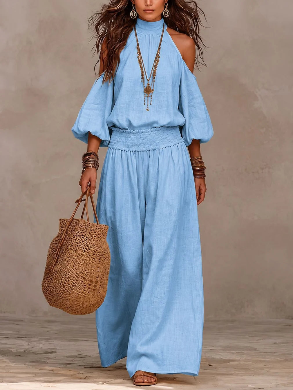 Liliana™ jumpsuit in light blue, cold-shoulder with puff sleeves and wide-leg pants