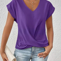 Women's V-neck T-shirt in purple, draped crossover front