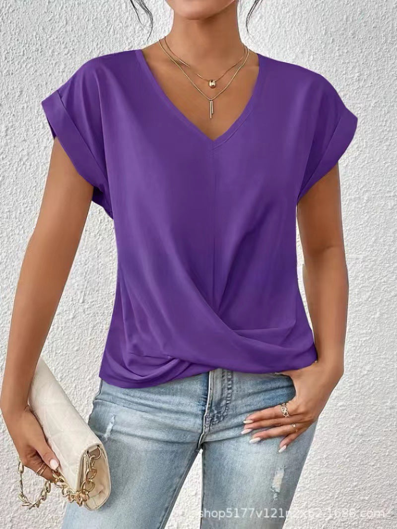 Women's V-neck T-shirt in purple, draped crossover front