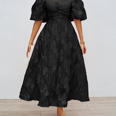 Black off-shoulder midi summer dress with puff sleeves and ruched bodice
