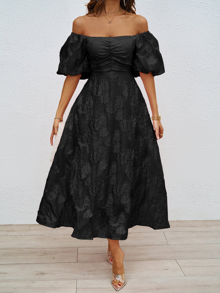 Black off-shoulder midi summer dress with puff sleeves and ruched bodice