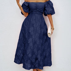 Navy off-shoulder midi dress with puff sleeves and textured fabric