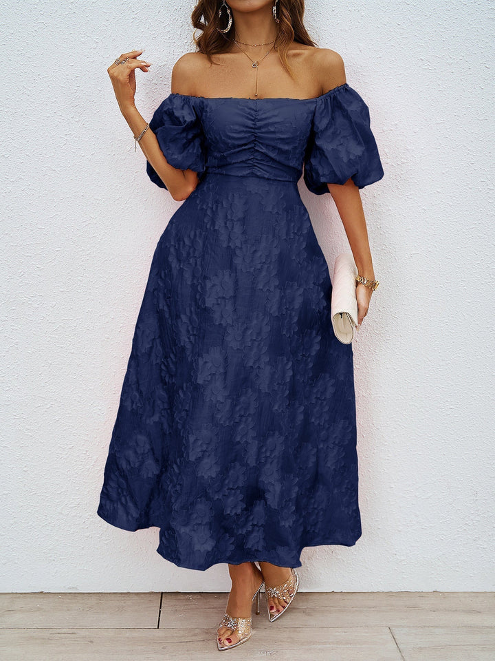 Navy off-shoulder midi dress with puff sleeves and textured fabric