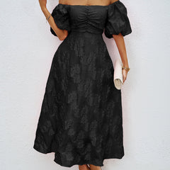 Black off-shoulder midi dress with wide puff sleeves and gathered waist