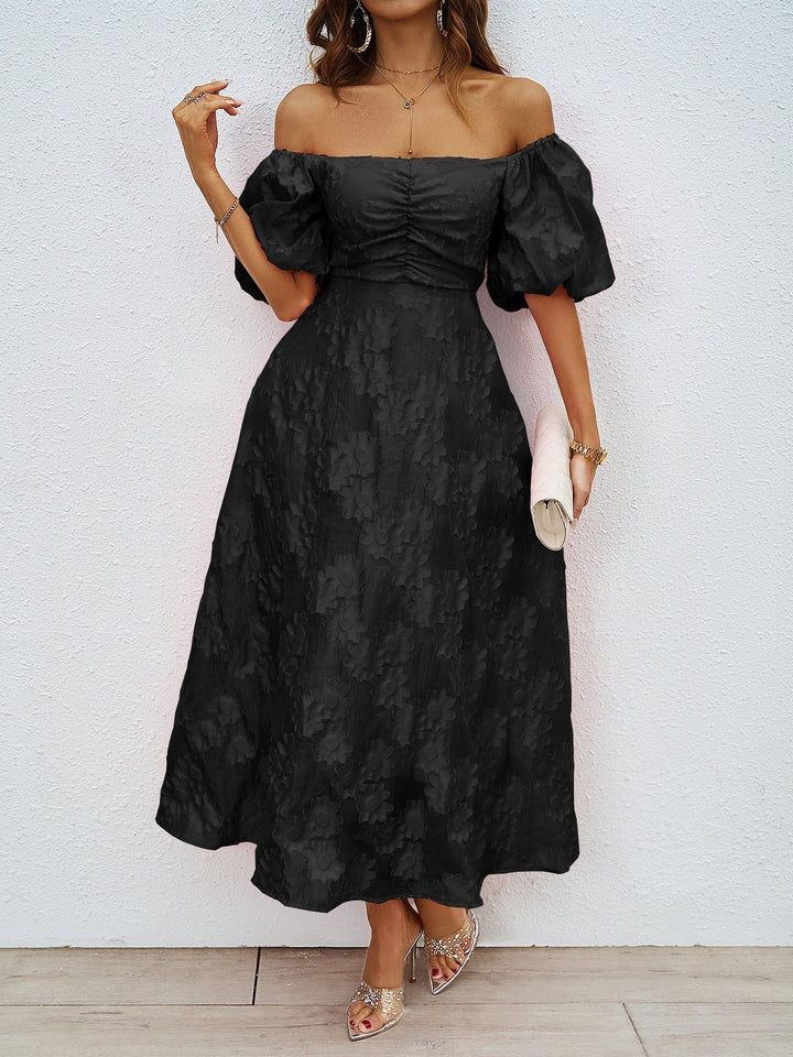 Black off-shoulder midi dress with wide puff sleeves and gathered waist