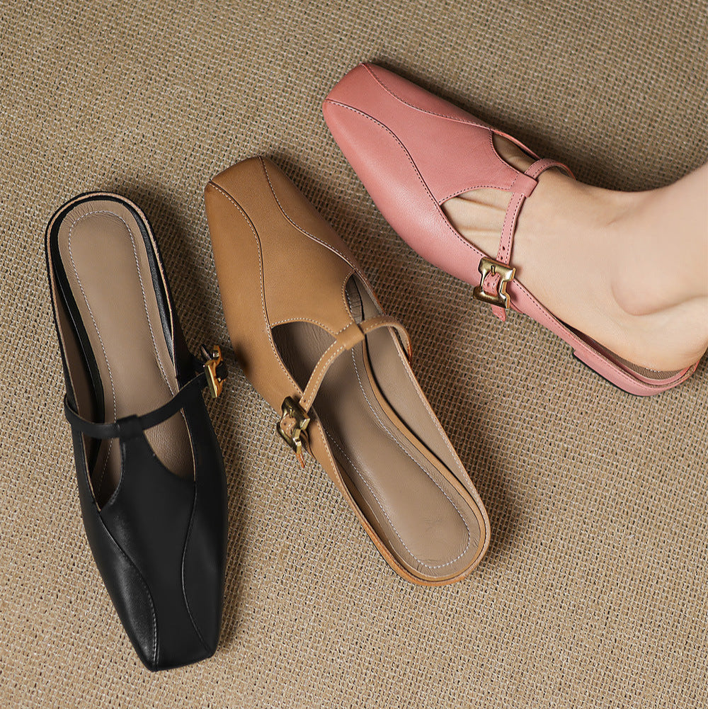 Leather mules in pink, brown, and black with open toe strap and gold buckle