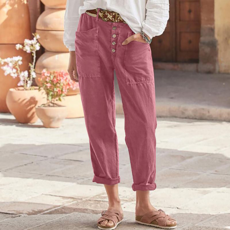 Mauve casual pants with button front, patch pockets, and cuffed ankle hem