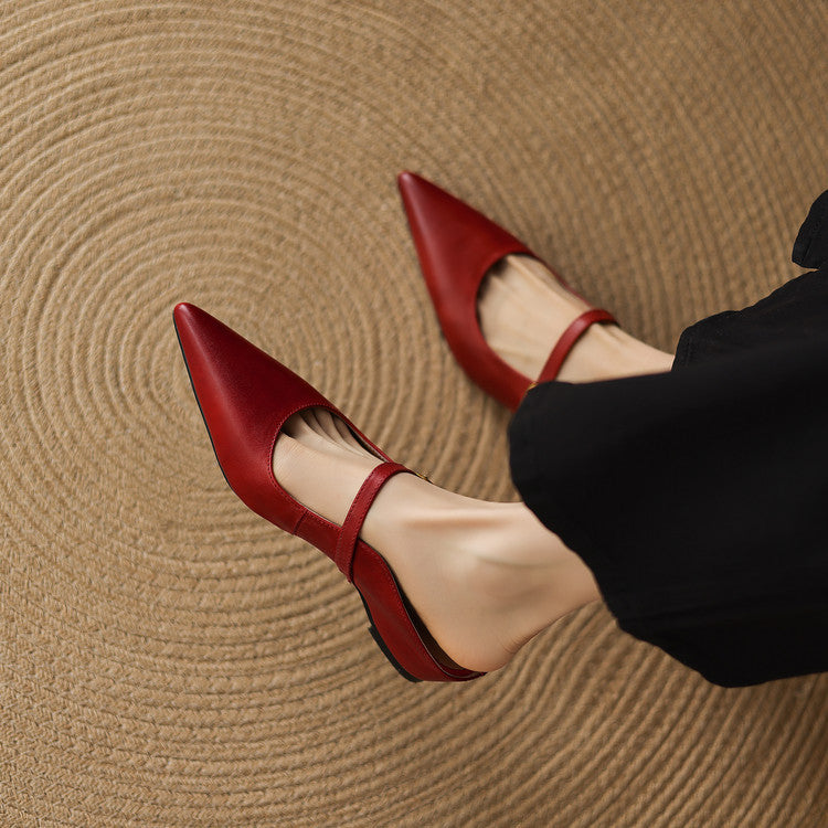 Maroon leather pointed-toe mule with slingback strap and low block heel