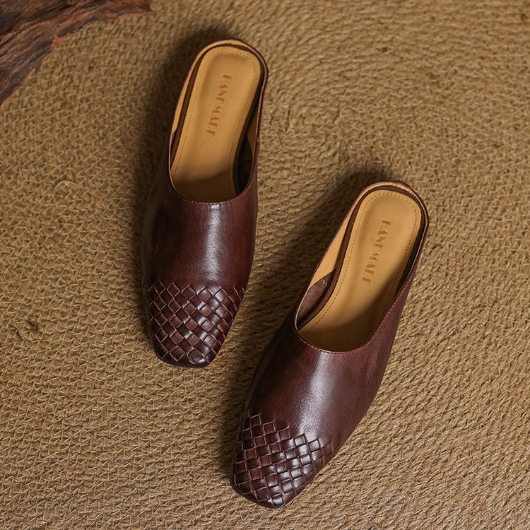 Dark brown woven leather mule slides with low heel, open back