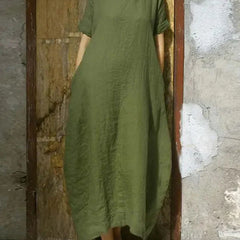 Army green casual maxi dress with short sleeves and round neckline, loose drape