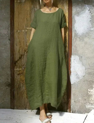 Army green casual maxi dress with short sleeves and round neckline, loose drape