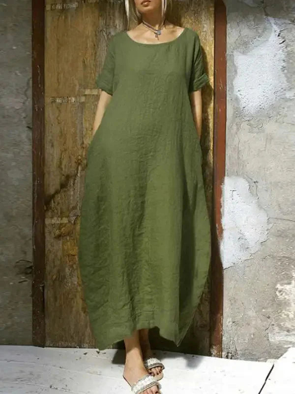 Army green casual maxi dress with short sleeves and round neckline, loose drape
