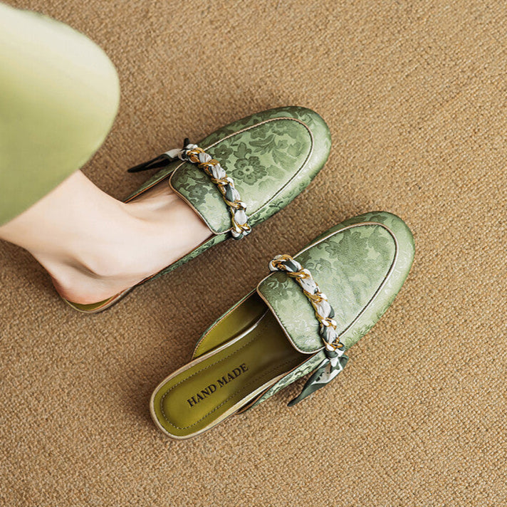 Green genuine leather mules with floral print, braided bow strap, flat slip-on