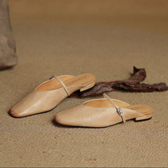 Miral genuine leather mules in apricot, pointed toe sling flats with buckle detail