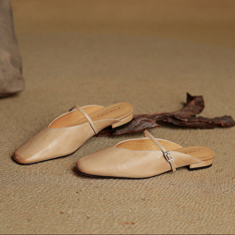 Miral genuine leather mules in apricot, pointed toe sling flats with buckle detail