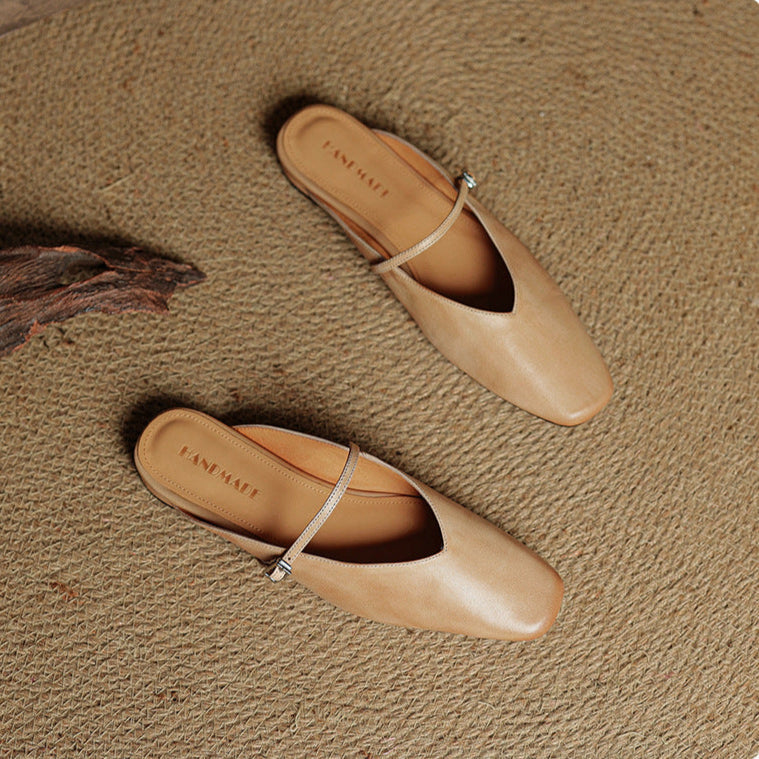 Miral genuine leather mules in apricot, pointed slip-ons with thin sling strap