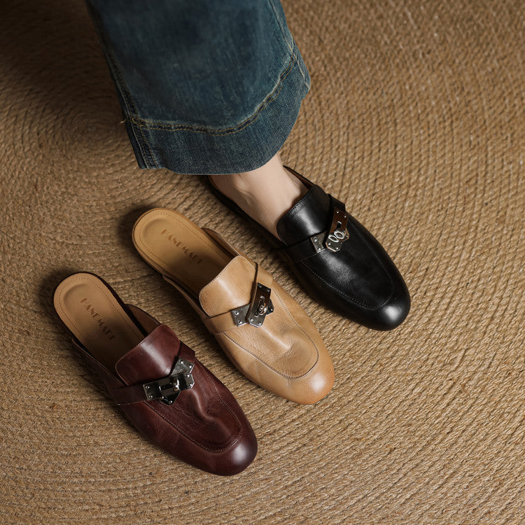 Genuine leather mules in maroon, tan, and black with metallic buckle straps