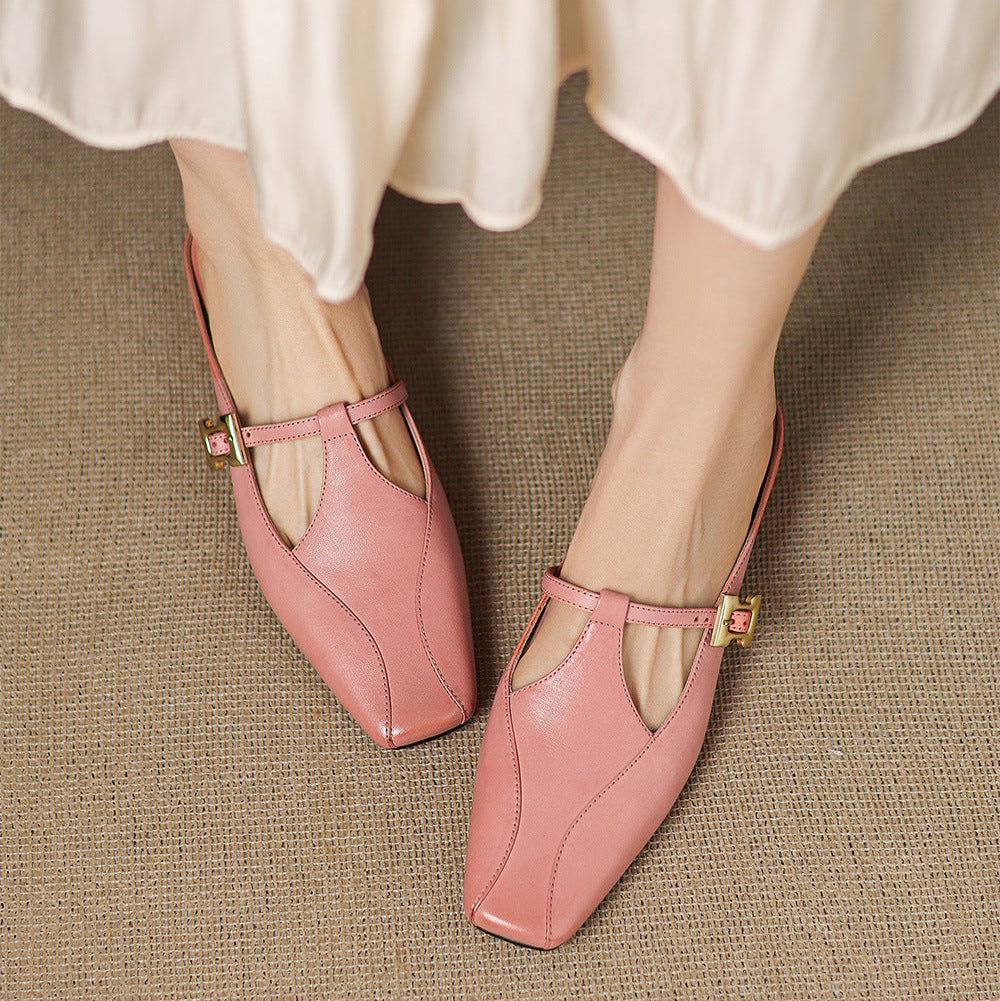Pink leather mule slides with cutout vamp and gold buckle sling strap, low block heel
