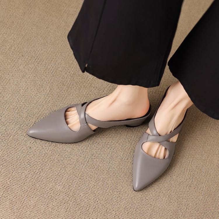 Gray pointed-toe slingback mules with cross straps and low block heel