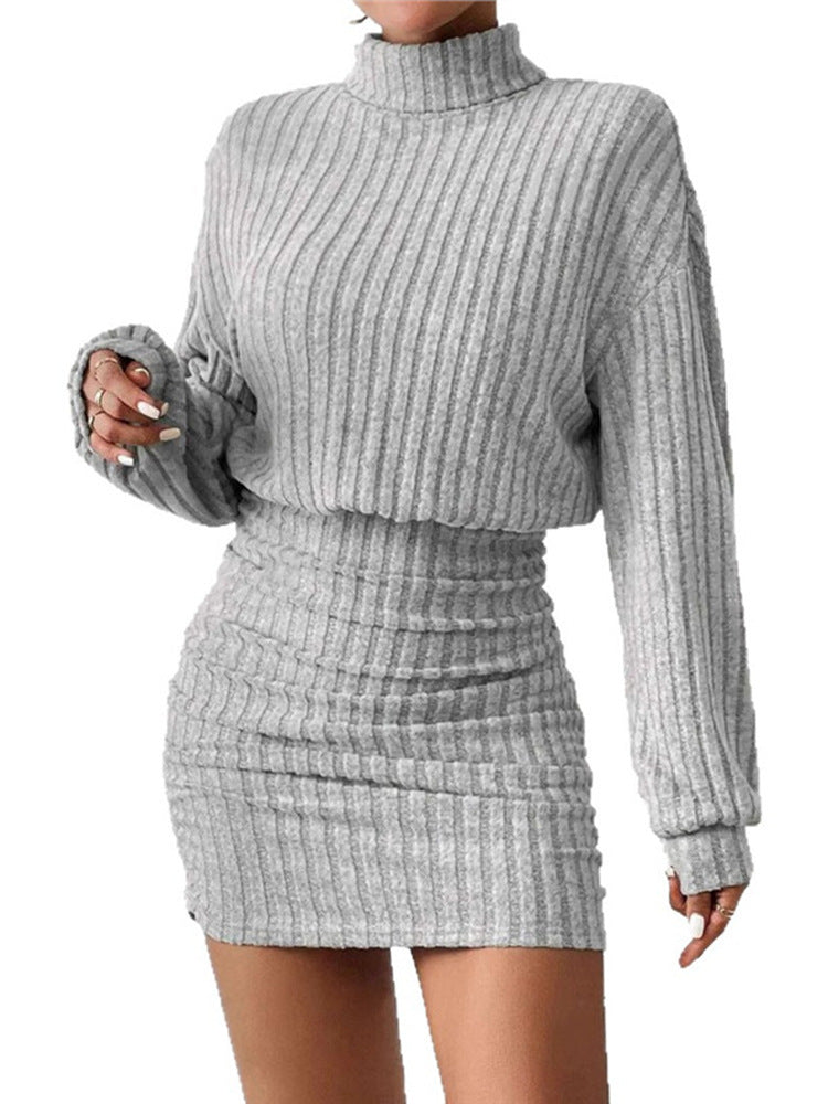 Gray ribbed high-neck knit dress, long sleeves, fitted mini length