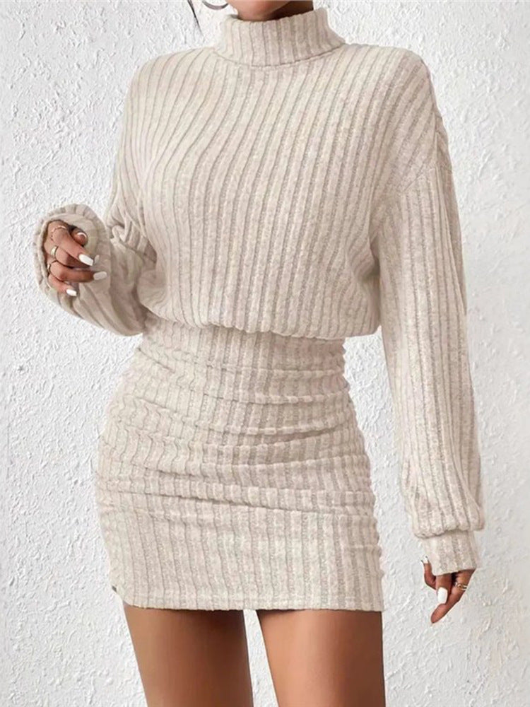 Beige ribbed high-neck knit dress, long sleeves, fitted mini length