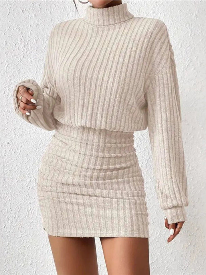 Beige ribbed high-neck knit dress, long sleeves, fitted mini length