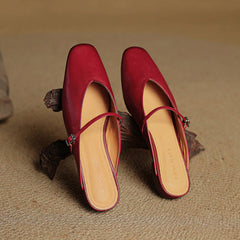 Maroon leather mules shown side-by-side with slingback strap and buckle