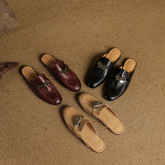 Maroon, black, and apricot genuine leather mules with metal buckle straps