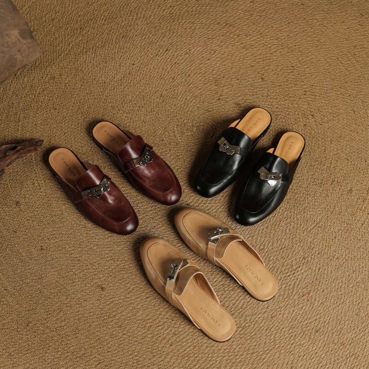 Maroon, black, and apricot genuine leather mules with metal buckle straps
