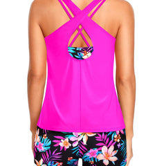 Hot pink swim tank with crisscross back detail and floral swim shorts