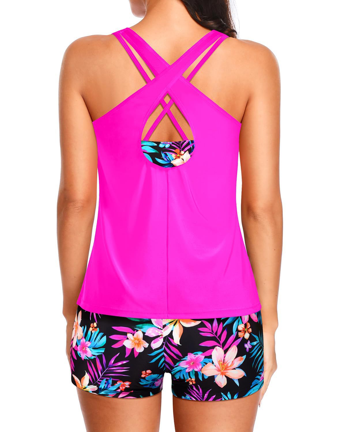 Hot pink swim tank with crisscross back detail and floral swim shorts