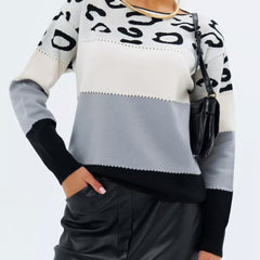 Leopard-print crewneck knit sweater with white upper and light gray lower panel