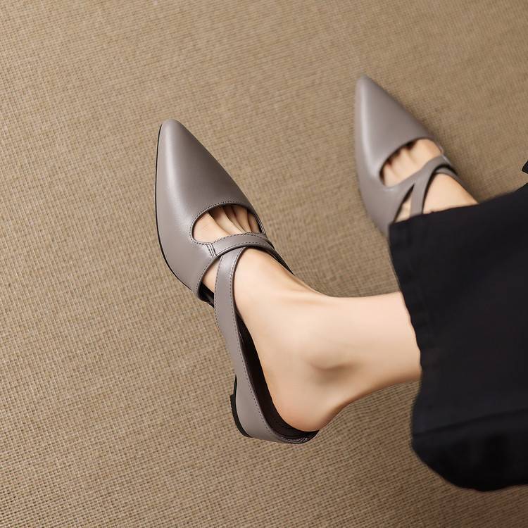 Gray pointed-toe cross-strap mules with low block heel