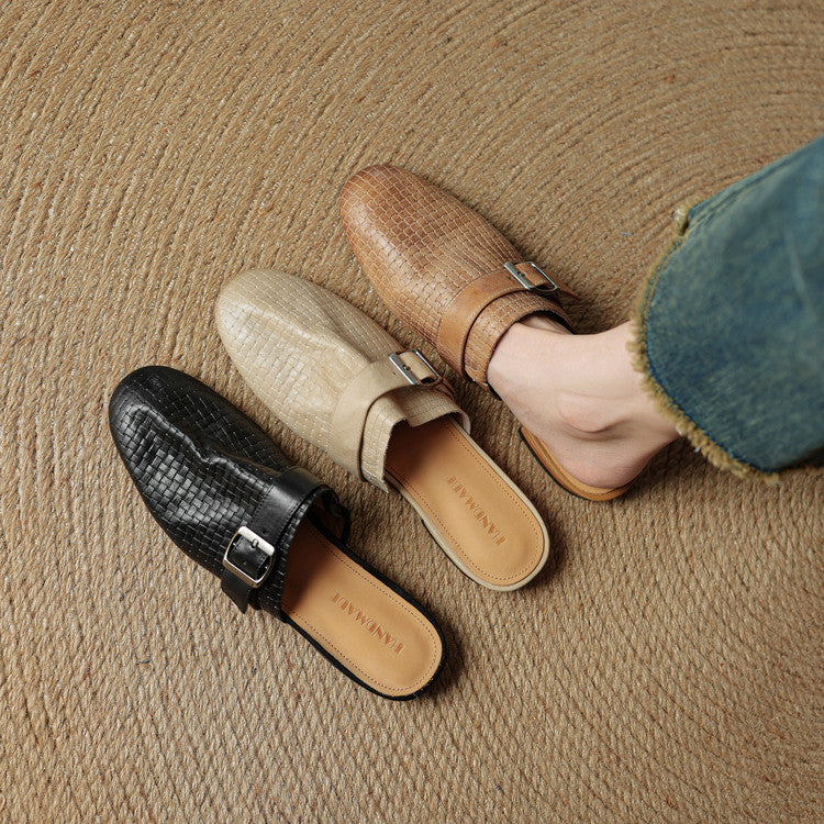 Light beige and dark brown leather mules with buckle straps