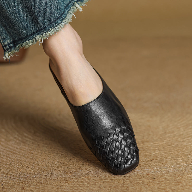 Black woven leather mule with square-toe front and low heel