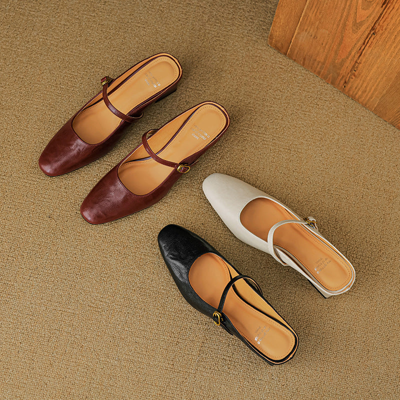 Leather mules in maroon, black, and beige—rounded toe with buckled strap and block heel
