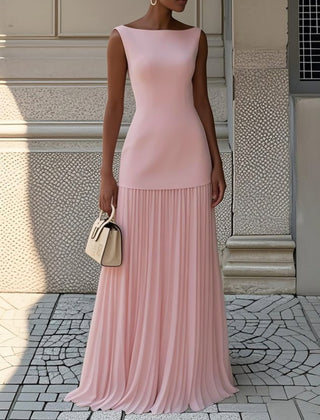 Pink pleated sleeveless maxi dress with fitted bodice and tiered skirt.