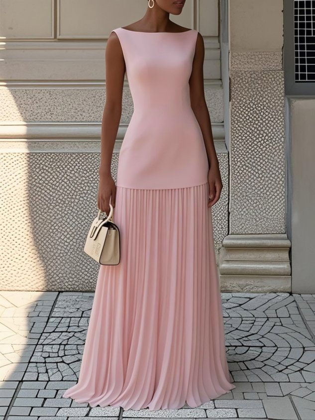 Pink pleated sleeveless maxi dress with fitted bodice and tiered skirt.