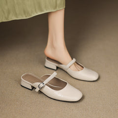 Beige leather Mary Jane mule with elastic strap and low block heel