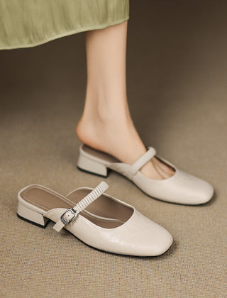 Beige leather Mary Jane mule with elastic strap and low block heel