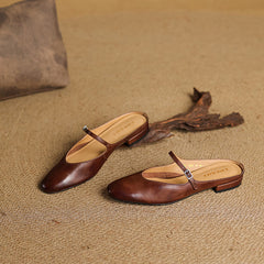 Brown genuine leather mules with pointed toe, cross strap buckle, low heel