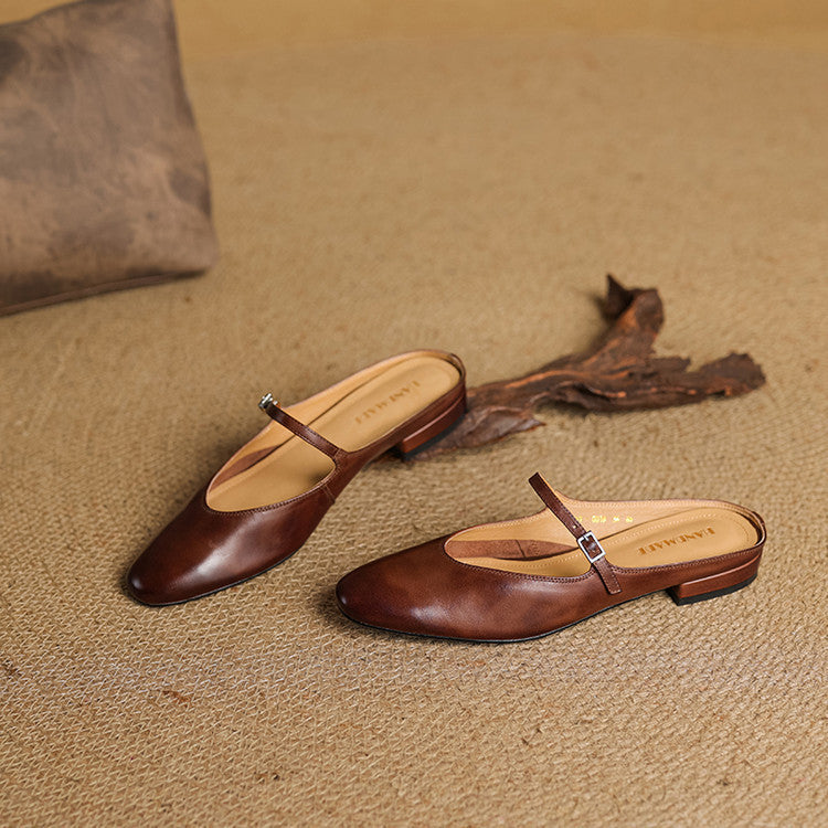 Brown genuine leather mules with pointed toe, cross strap buckle, low heel