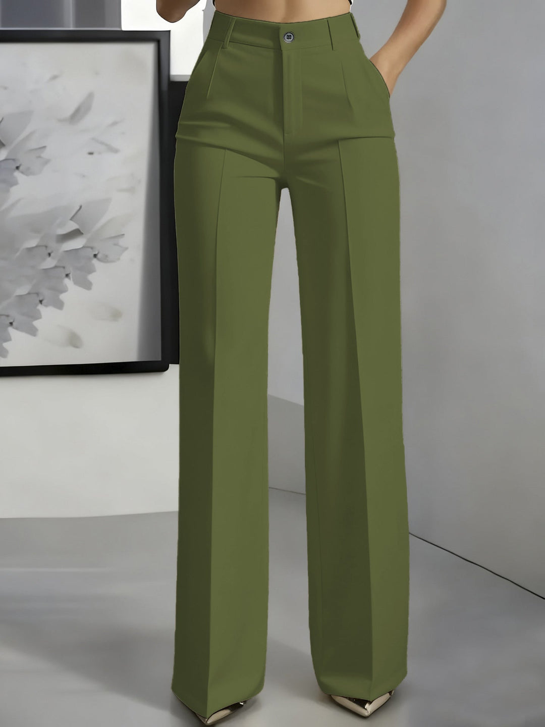Olive green high-waisted straight-leg trousers with front button and pressed creases
