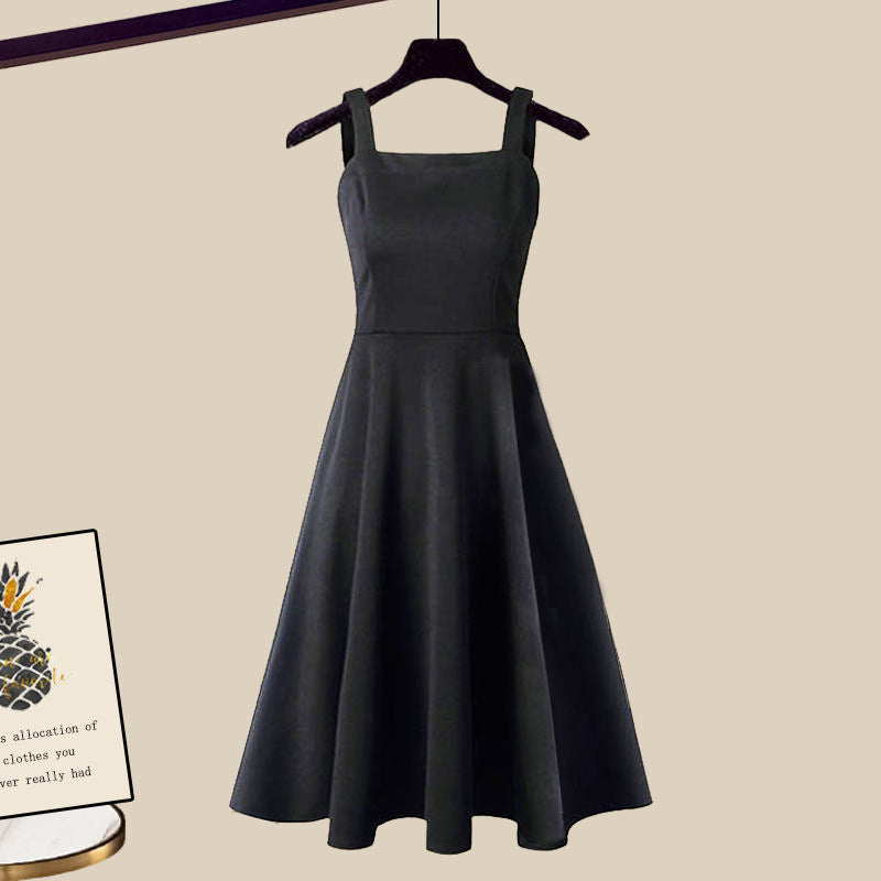 Amberly™ elegant dress set: black sleeveless fit-and-flare dress with wide straps